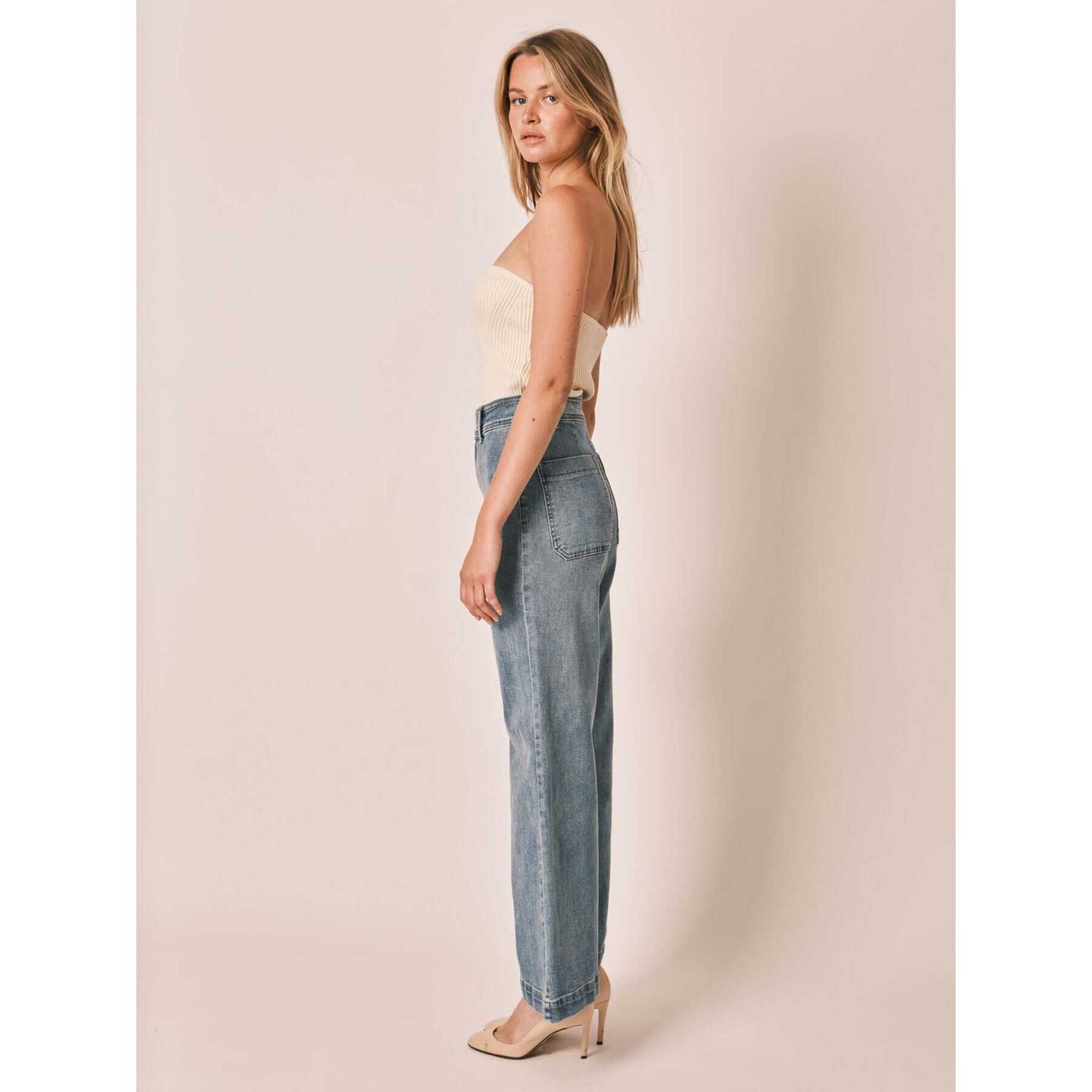Jeans évasé bleu taille haute en coton stretch femme F.A.M. Paris Fauve